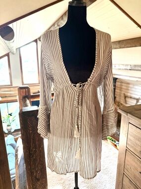 blue island Striped White and Taupe Tie-Front Swim Coverup